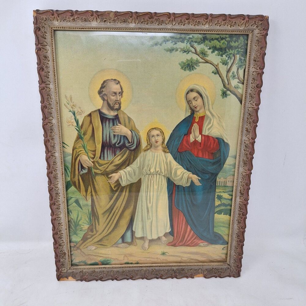Vintage Jesus Mary And Joseph Religious Gilded Framed Lithograph Print Christian